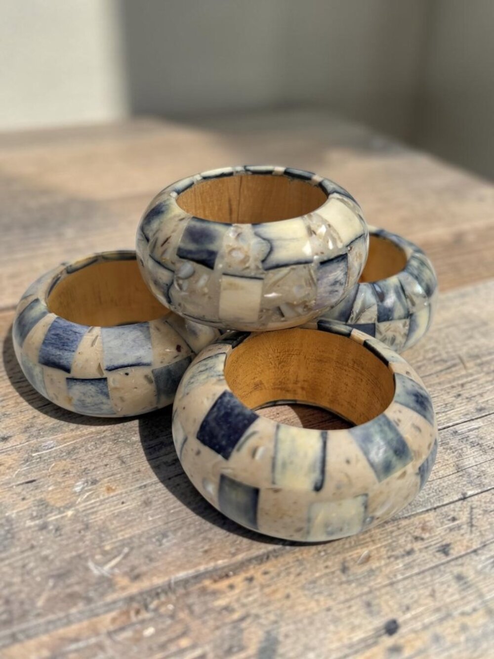 Coastal Blue Terrazzo Mosaic Napkin Rings - Set Of 4 Mother Of Pearl & Shell Des